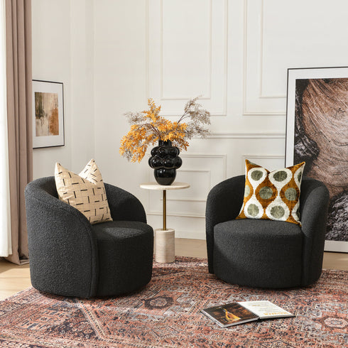 Everitte Bouclé Swivel Barrel Chair - Charcoal Modern Swivel Chair | Swivel Accent Chairs | Kinwell Furniture | Swivel Armchairs